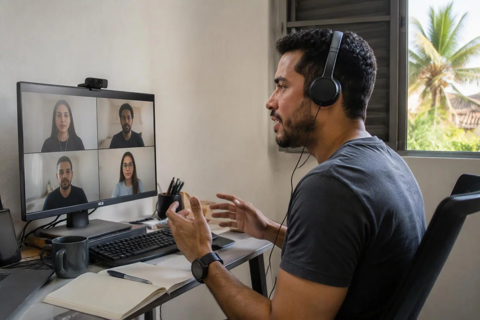 Pessoa em chamada de vídeo com colegas de outras cidades na tela