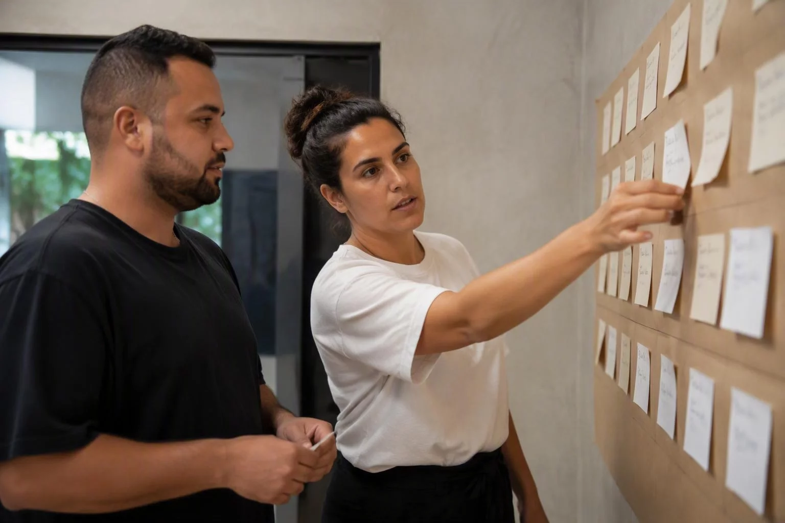 Duas pessoas diante de um quadro com cartões de área e cidade