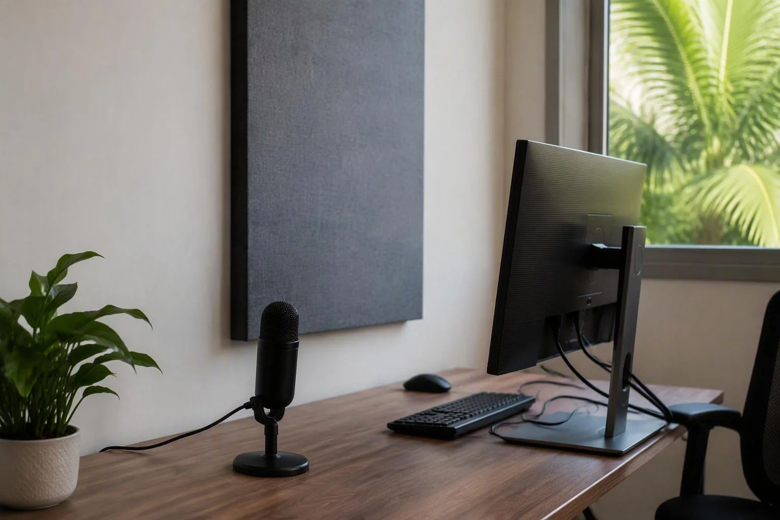 Microfone de mesa ligado ao computador numa sala silenciosa