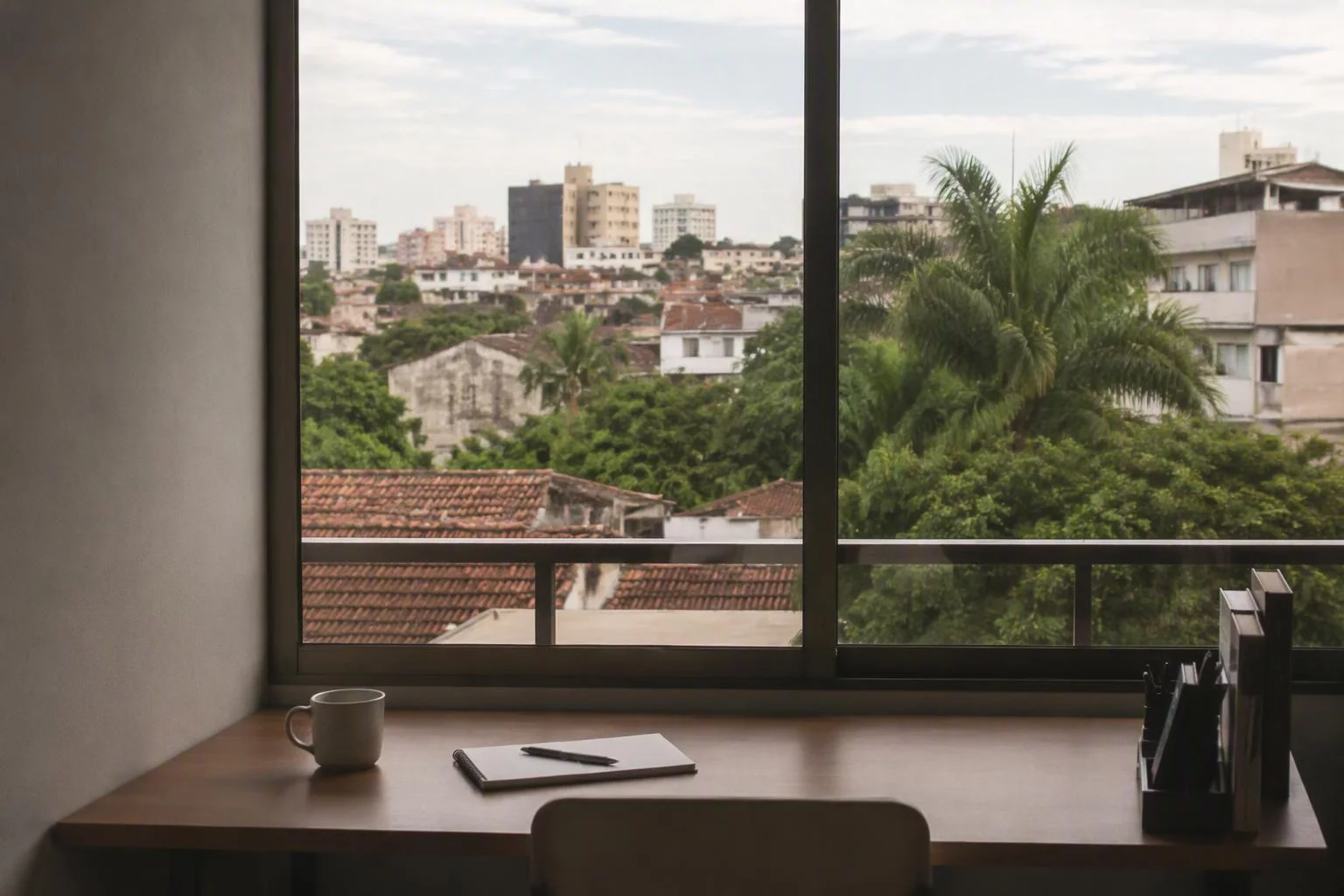 Janela de um escritório pequeno com mesa encostada no vidro